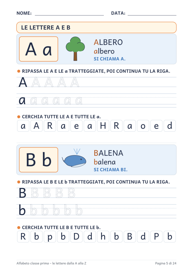 Alfabeto classe prima: le lettere dalla A alla Z in stampato maiuscolo e minuscolo – quaderno