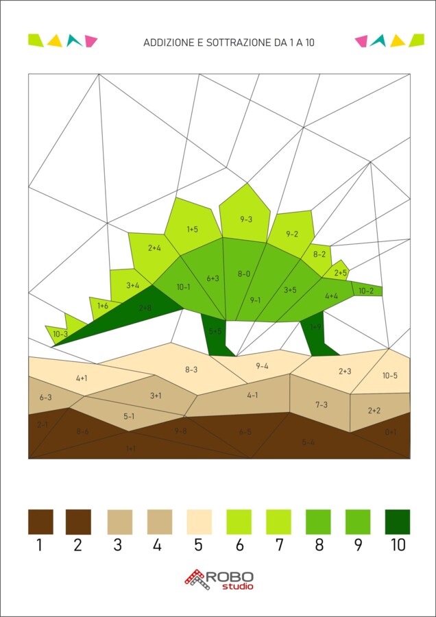 Colorazione matematica, addizione e sottrazione da 1 a 10, giornata dei dinosauri, preistoria, matematica e arte, calcola e colora