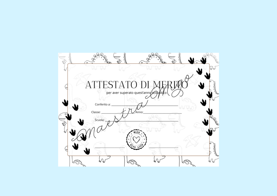 ATTESTATO DI MERTIO - DINOSAURI - BIANCO E NERO