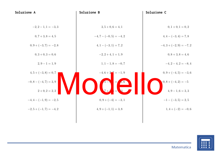 Addizione e sottrazione di numeri decimali positivi e negativi | matematica | 26 colonne