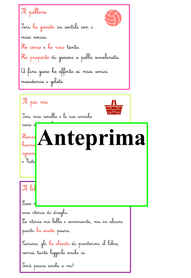 3 scatole per lo studio autonomo e concreto dell’H:avere/possedere-sentire/provare-raccontare le azioni del passato-classi 2-4
