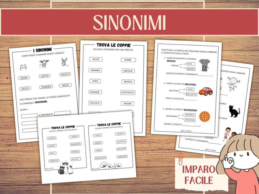 10 Schede Sinonimi e Contrari in Stampato Maiuscolo | Esercizi di Arricchimento Lessicale e Frasi | Risorse semplificate | Scuola Primaria (PDF Stampabile No Prep)