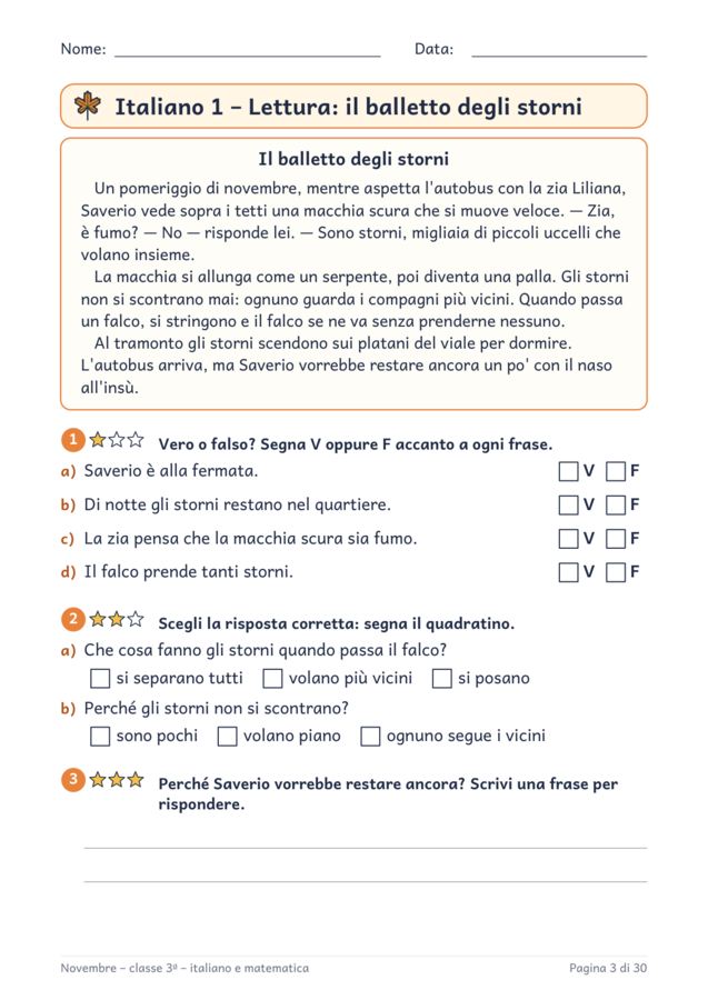 Novembre classe terza: schede di italiano e matematica