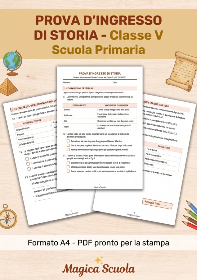 Prova d'Ingresso di Storia - Classe 5ª Primaria (PDF pronto per la stampa)