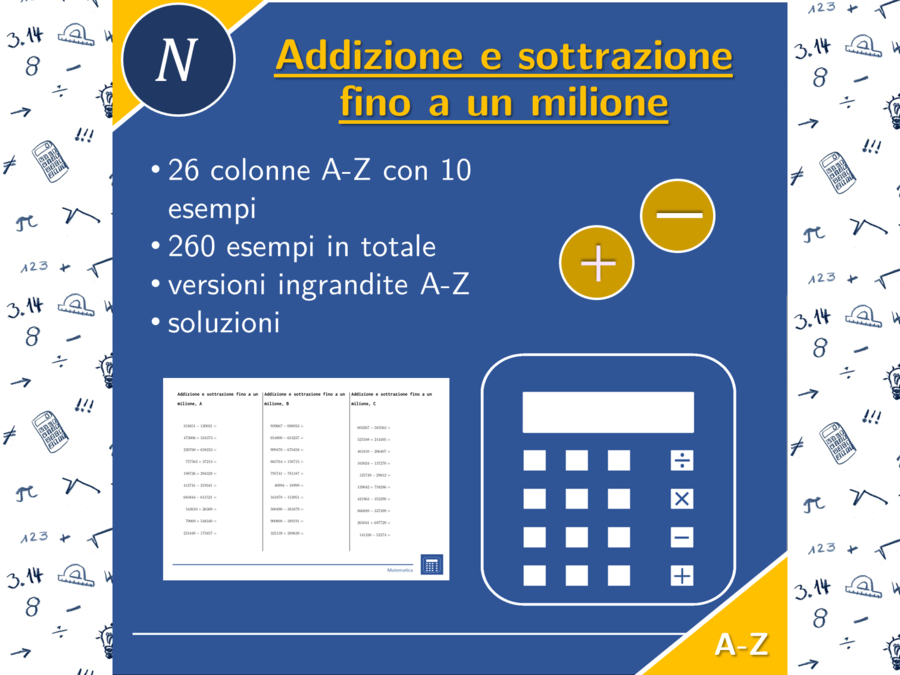 Addizione e sottrazione fino a un milione | matematica | 26 colonne