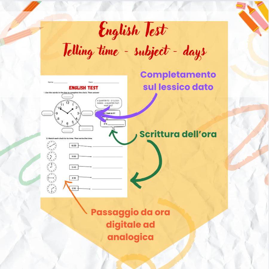 English Test – Classe quarta-quinta (orologio-giorni-materie) [time/clock-days of the week-subject)