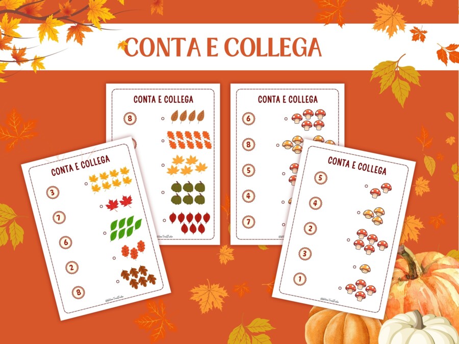 Schede Autunnali Conteggio Matematica per Infanzia e Prima Elementare | Attività Numeri 1–10 | Schede Didattiche Stampabili, Giochi Matematici, Conta e Collega, Conta e Colora, I SPY Autunno, Early Algebra, No Prep (5-7 anni)