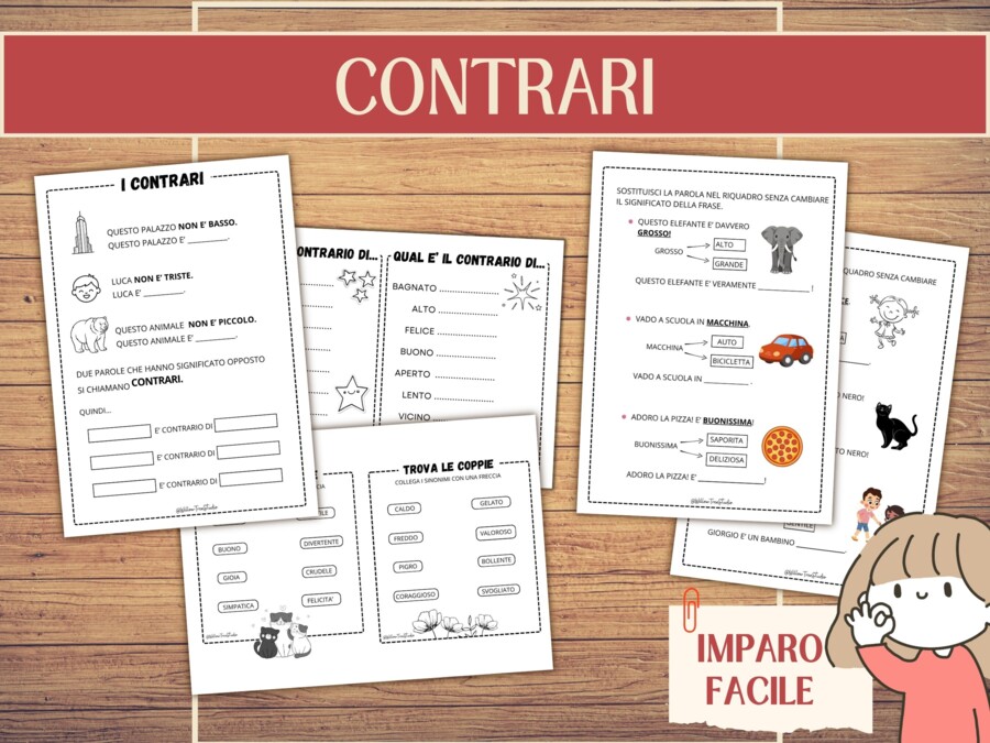 10 Schede Sinonimi e Contrari in Stampato Maiuscolo | Esercizi di Arricchimento Lessicale e Frasi | Risorse semplificate | Scuola Primaria (PDF Stampabile No Prep)