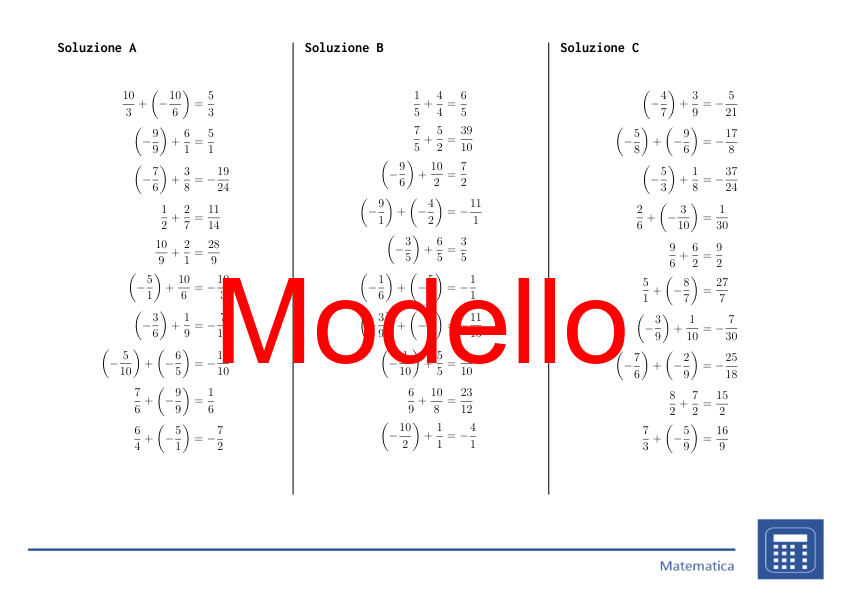Addizione di frazioni positive e negative | matematica | 26 colonne