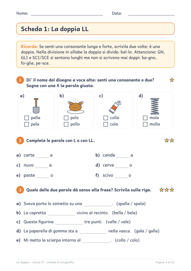 Le doppie classe seconda: schede di ortografia