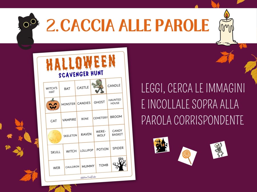 Caccia al Tesoro di Halloween in INGLESE: Movimento, Lessico e Lettura | Scuola Infanzia e Primaria (PDF A4)  - Scavenger Hunt - English vocabulary - gioco  pronto da stampare