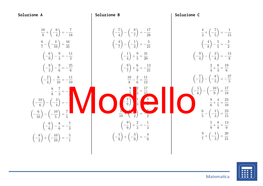 Addizione e sottrazione di frazioni positive e negative | matematica | 26 colonne
