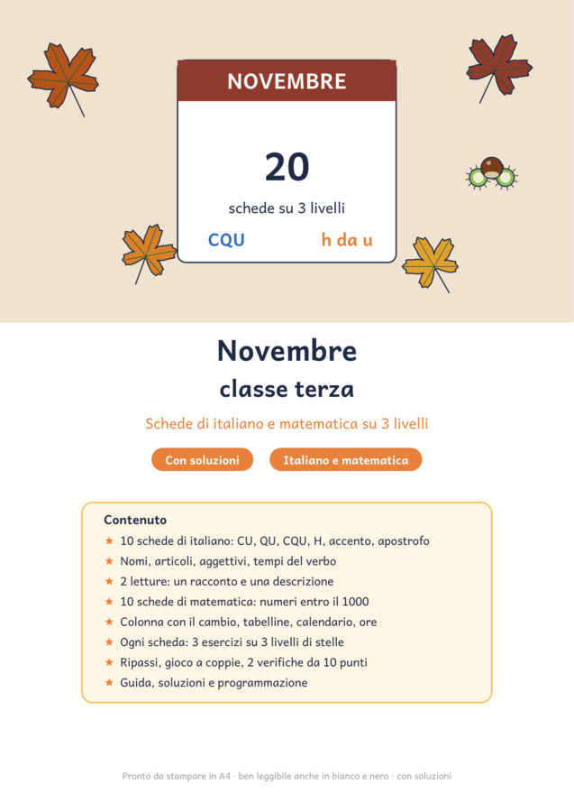 Novembre classe terza: schede di italiano e matematica