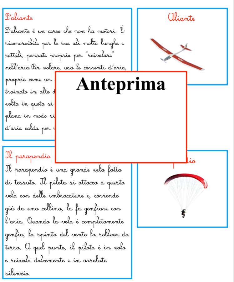 I velivoli; 23 carte didattiche per scoprire 11 velivoli; attività di lettoscrittura