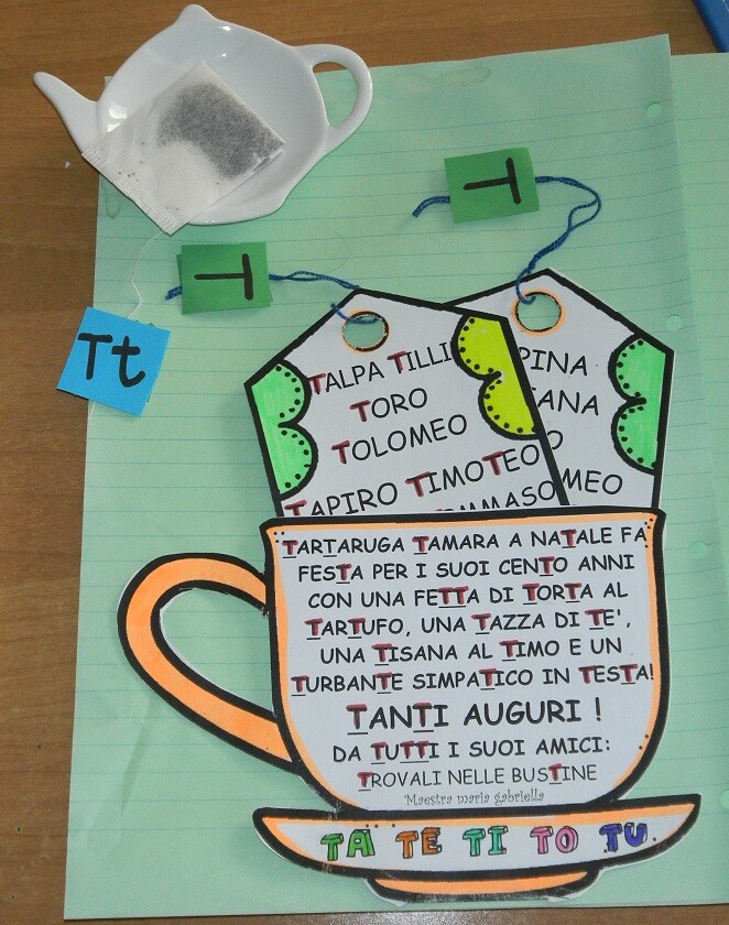Consonante T in Tazza con Tè , dadi e fiore sillabico