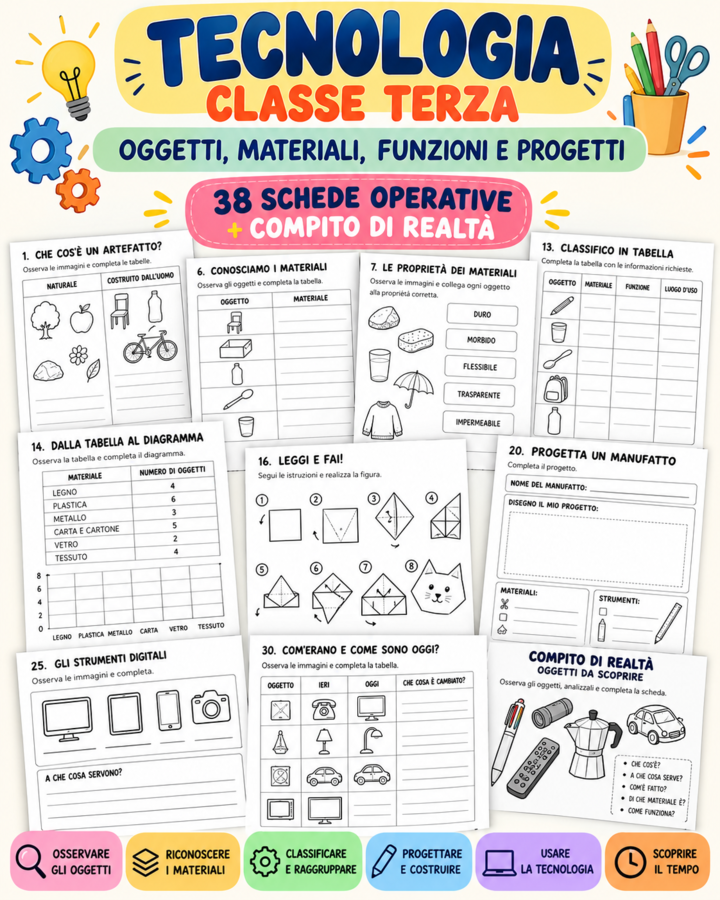 TECNOLOGIA CLASSE TERZA – Oggetti, Materiali, Funzioni e Progetti | 38 Schede Operative + Compito di Realtà+Soluzioni