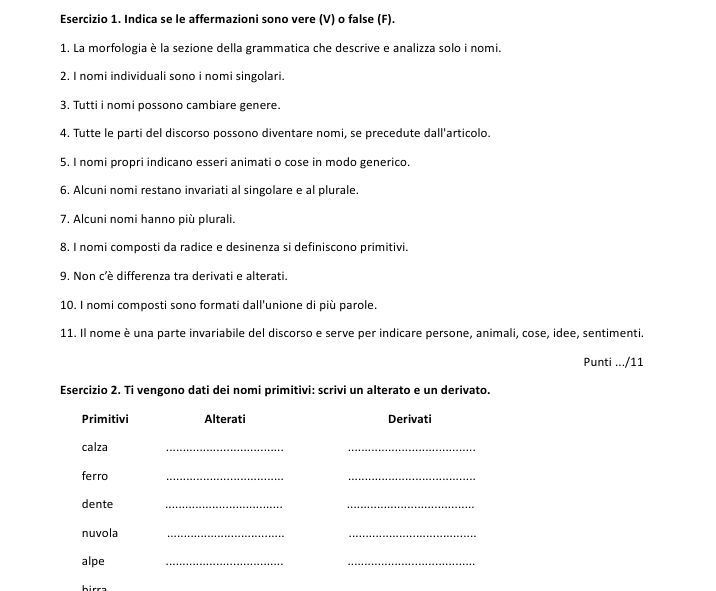 Schede didattiche e di verifica sugli aggettivi e i nomi
