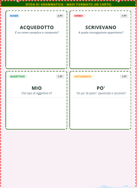SFIDA DI GRAMMATICA - 40 Carte maxi per la Scuola Primaria (Italiano) -  PDF stampabile con soluzioni e 5 modalità di gioco
