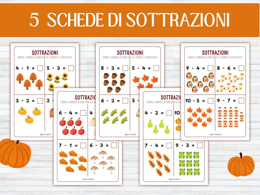 Schede Didattiche Matematica d'Autunno: Conteggio, Addizioni e Sottrazioni - pacchetto Precalcolo e Matematica Autunnale (15 Schede - Infanzia, Primaria e Sostegno/BES)
