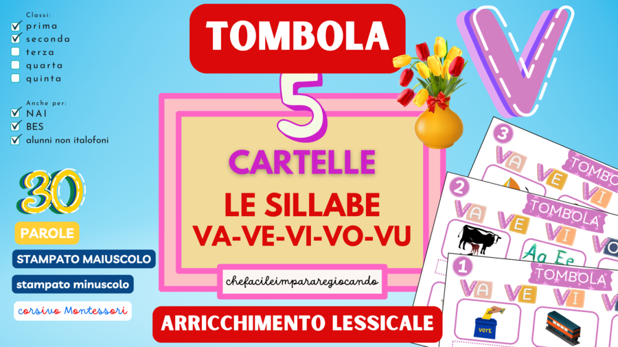 SILLABE VA VE VI VO VU – TOMBOLA PAROLE – CLASSI PRIMA E SECONDA – ANCHE PER NAI E BES