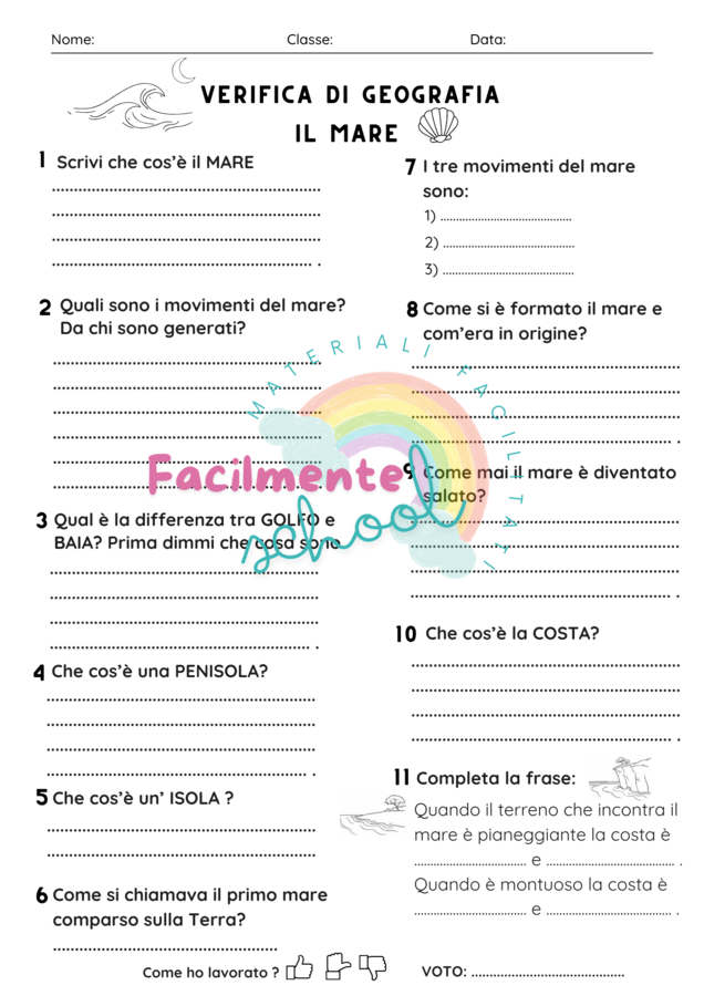 VERIFICA DI GEOGRAFIA CLASSE III: IL MARE