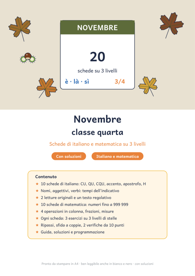 Novembre classe quarta: schede di italiano e matematica