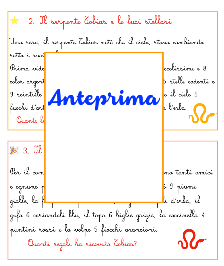 Storie-problema del serpente Tobias-per leggere,comprendere e contare-classe prima