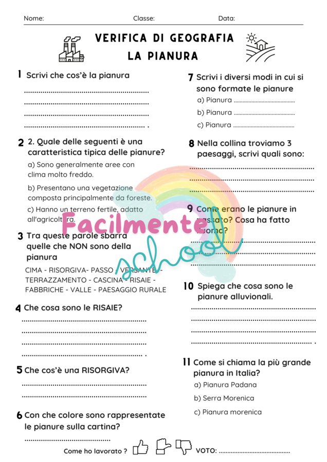 VERIFICA GEOGRAFIA CLASSE III: LA PIANURA