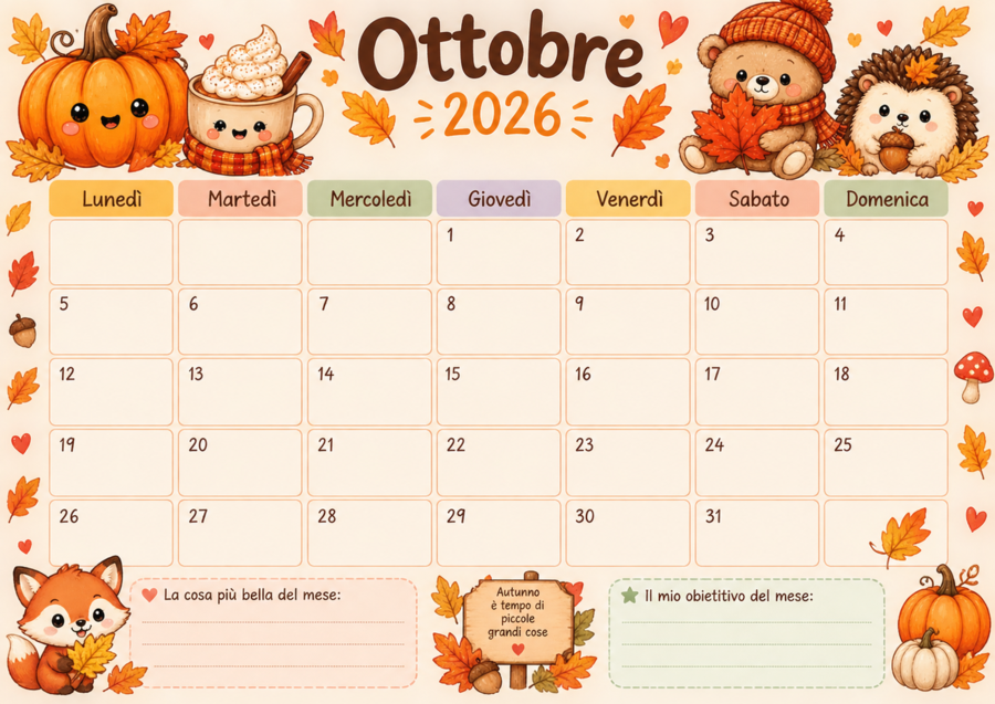 Calendario stampabile per bambini mese di OTTOBRE