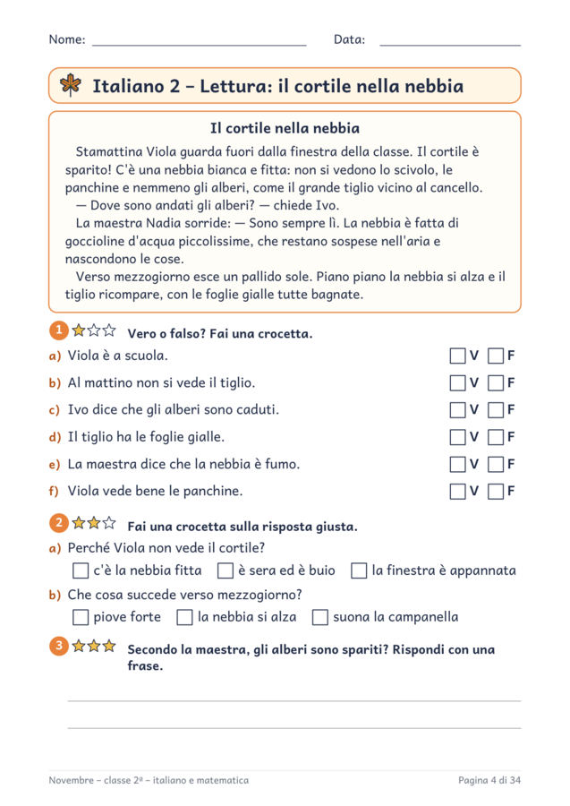Novembre classe seconda: schede di italiano e matematica