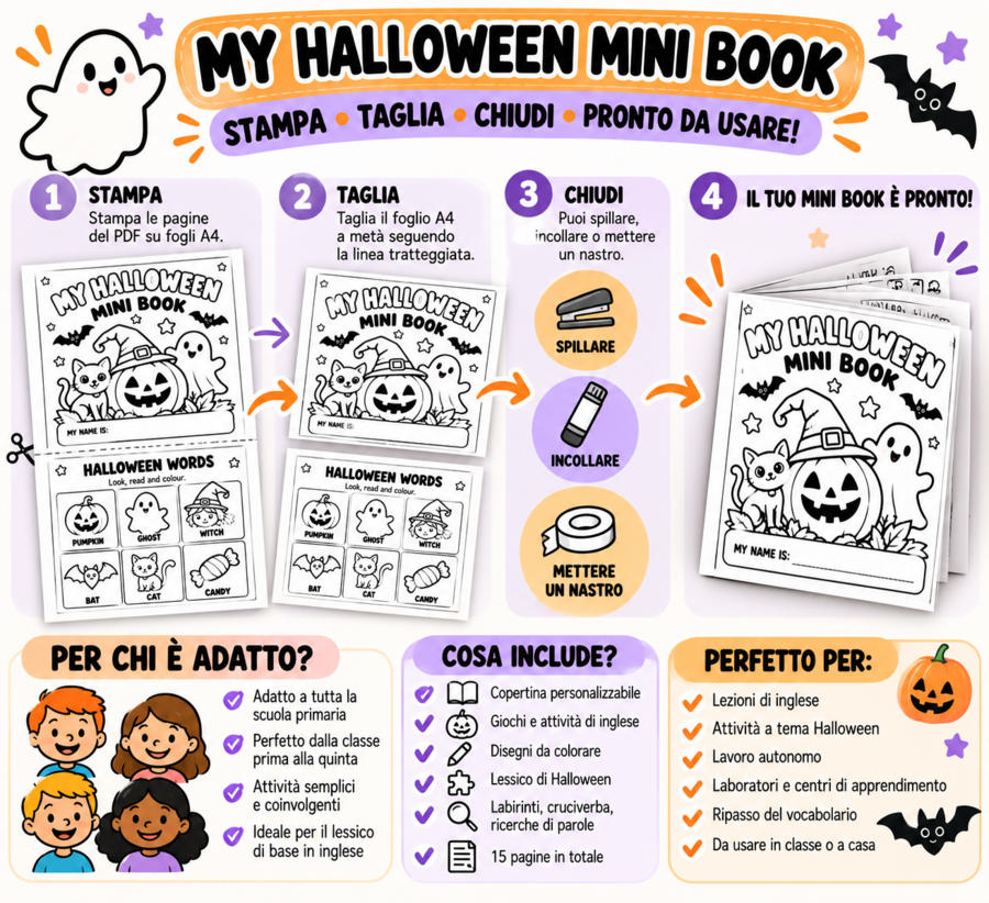 MY HALLOWEEN MINI BOOK 🎃  Un booklet di inglese da stampare, completare e colorare!