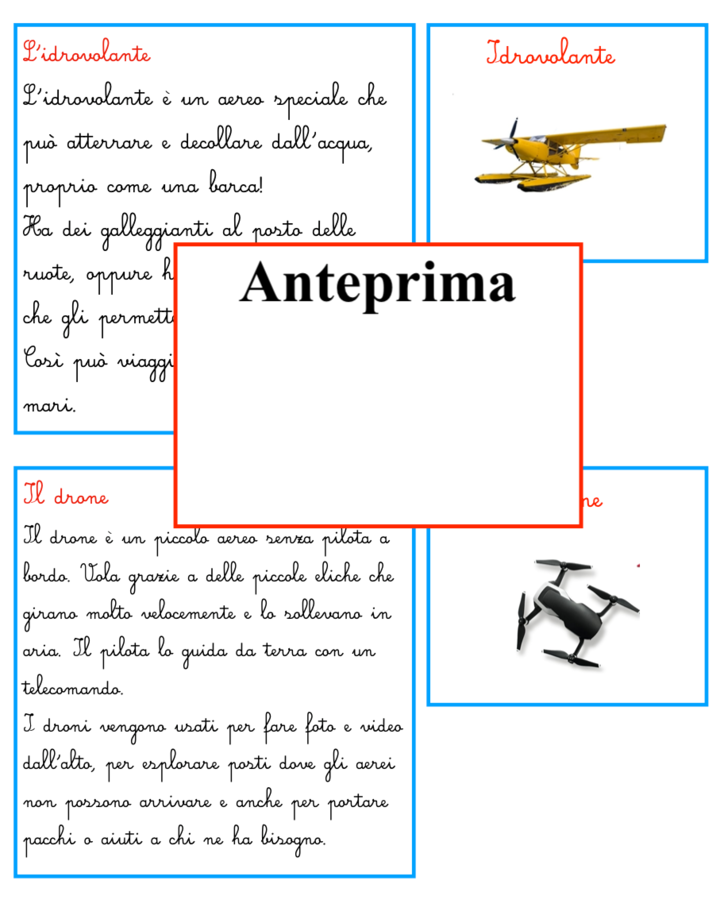 I velivoli; 23 carte didattiche per scoprire 11 velivoli; attività di lettoscrittura