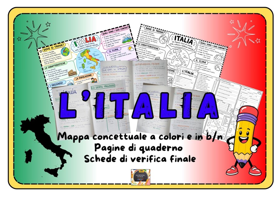 Kit Didattico L'Italia: Mappa Concettuale (Colori e B/N) + Pagine di Quaderno + Schede di Verifica e Mappe Mute