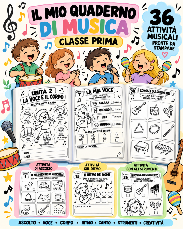 Il mio quaderno di musica – Classe prima | 36 attività musicali pronte da stampare