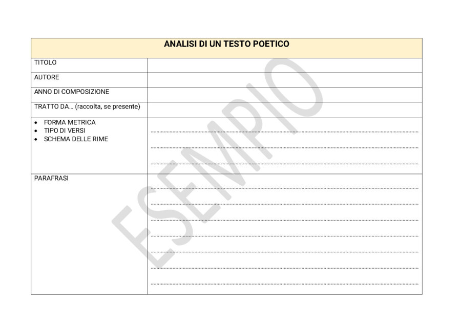 Analisi del testo poetico (tabella da completare)