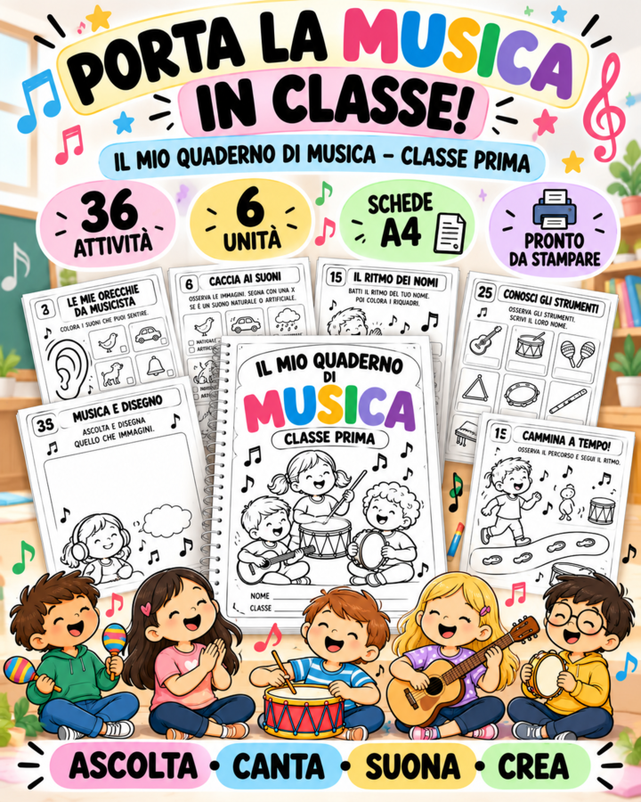 Il mio quaderno di musica – Classe prima | 36 attività musicali pronte da stampare