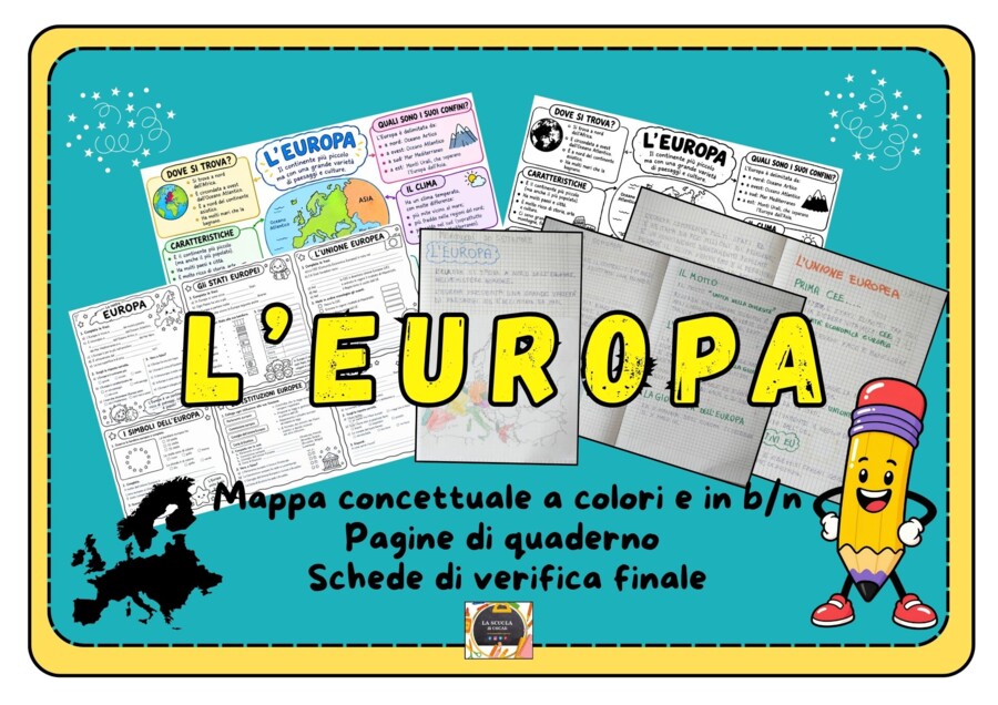 Kit Didattico L'Europa: Mappa Concettuale (Colori e B/N) + Pagine di Quaderno + Schede di Verifica in b/n