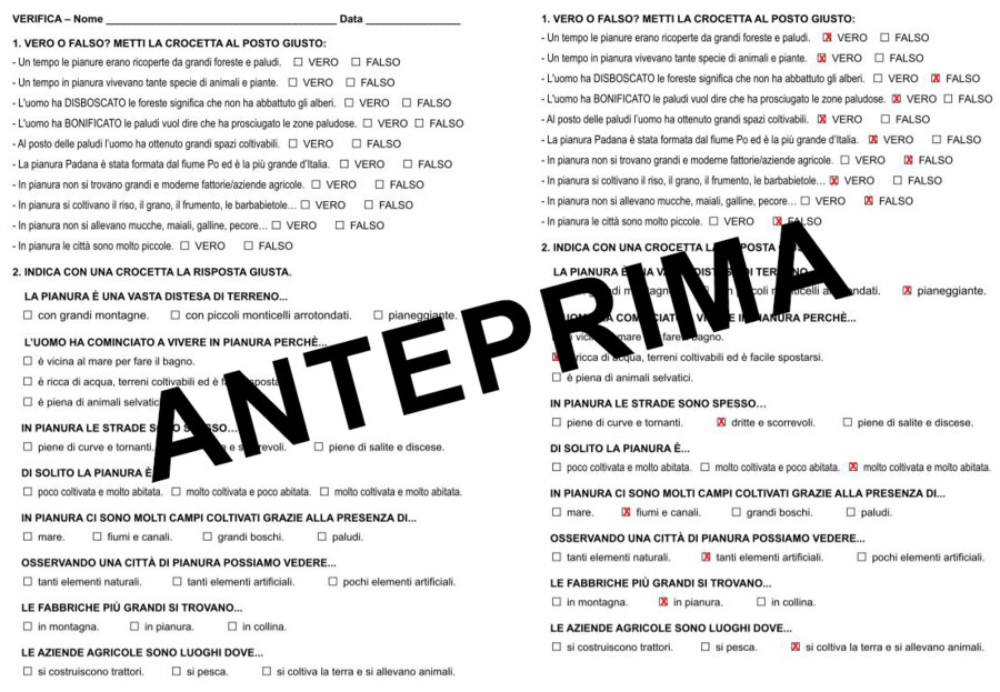 GEOGRAFIA: VERIFICA SULLA PIANURA CLASSE SECONDA SCUOLA PRIMARIA.