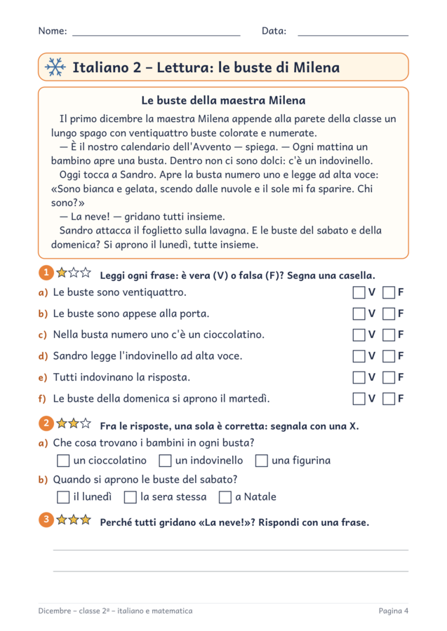Dicembre classe seconda: schede di italiano e matematica