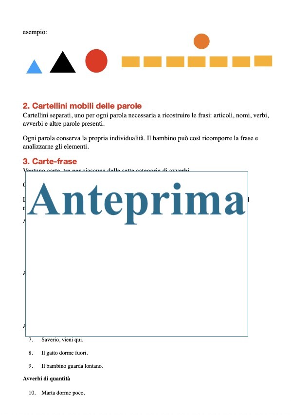 L’avverbio: riconoscere, comprendere, classificare - Materiale manipolativo Montessori, classi 3/5