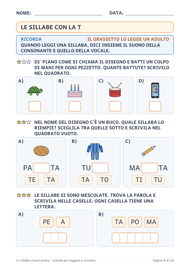 Le sillabe classe prima: schede per leggere e scrivere