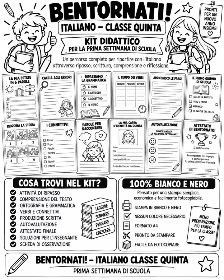 Bentornati Italiano Classe Quinta | Kit Prima Settimana di Scuola – Schede, Soluzioni e Autovalutazione