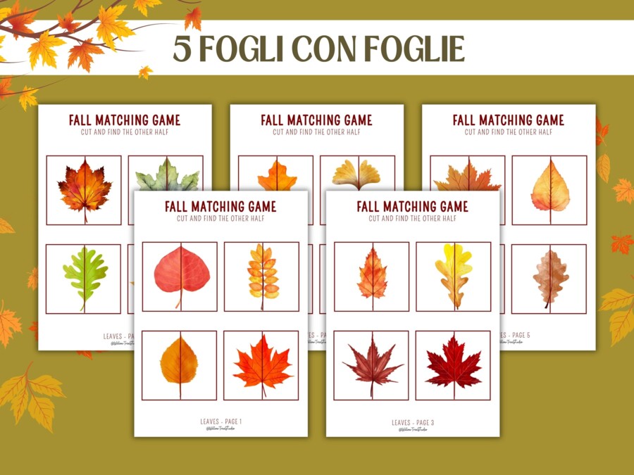 Gioco di Abbinamento Autunno: Ricomponi Zucche e Foglie a Metà | Carte e Puzzle 2 Pezzi per Scuola Infanzia e Sostegno - attività autunnale con foglie e zucche - attività di logica
