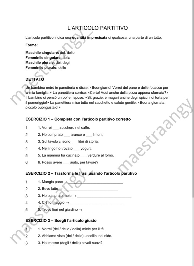 Scheda didattica sull'articolo partitivo classe quinta