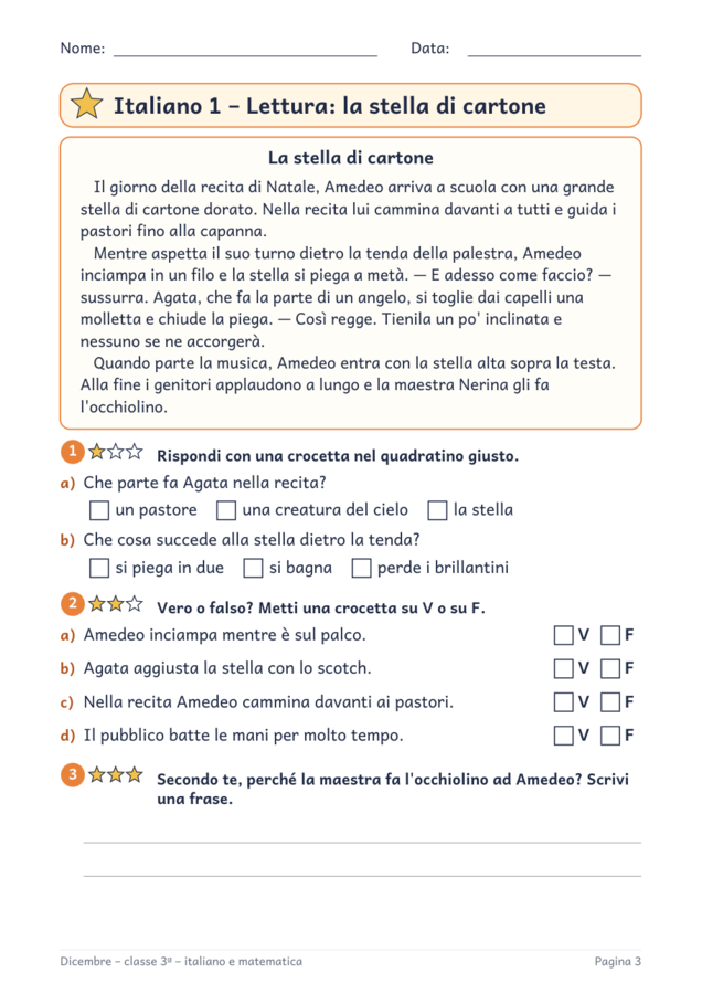 Dicembre classe terza: schede di italiano e matematica