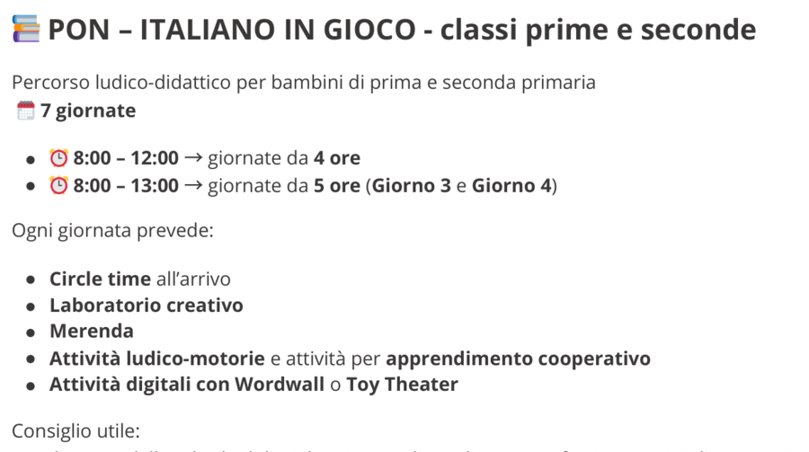 Percorso PON Estivo ITALIANO IN GIOCO – Classi 1ª e 2ª – 30 ore ; 7 giornate strutturate – Attività creative e digitali – Didattica giocosa