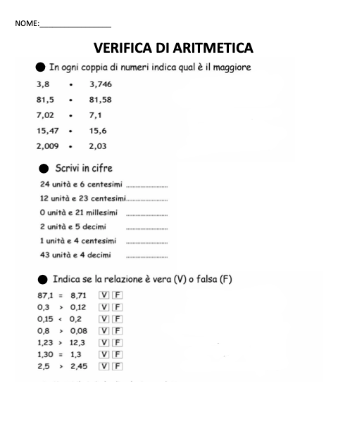 VERIFICA FRAZIONI E NUMERI DECIMALI