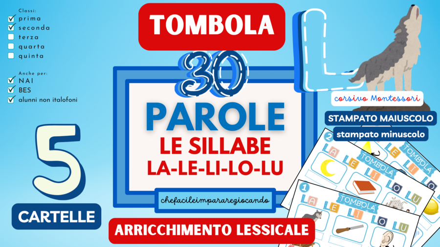 SILLABE LA LE LI LO LU – TOMBOLA PAROLE – CLASSI PRIMA E SECONDA – ANCHE PER NAI E BES
