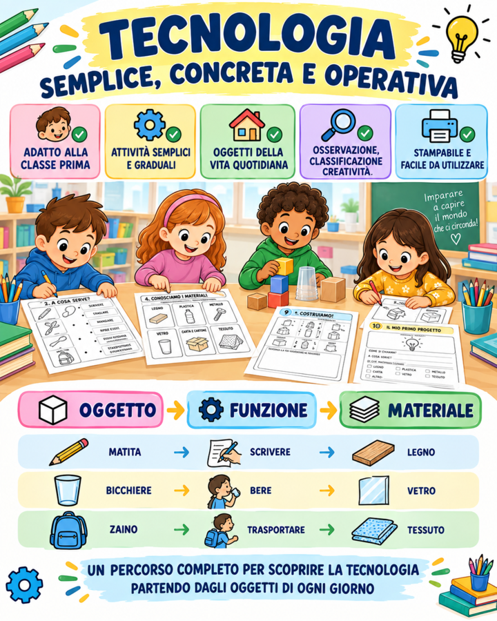 Tecnologia Classe Prima – Oggetti, Funzioni e Materiali - 14 Schede Operative