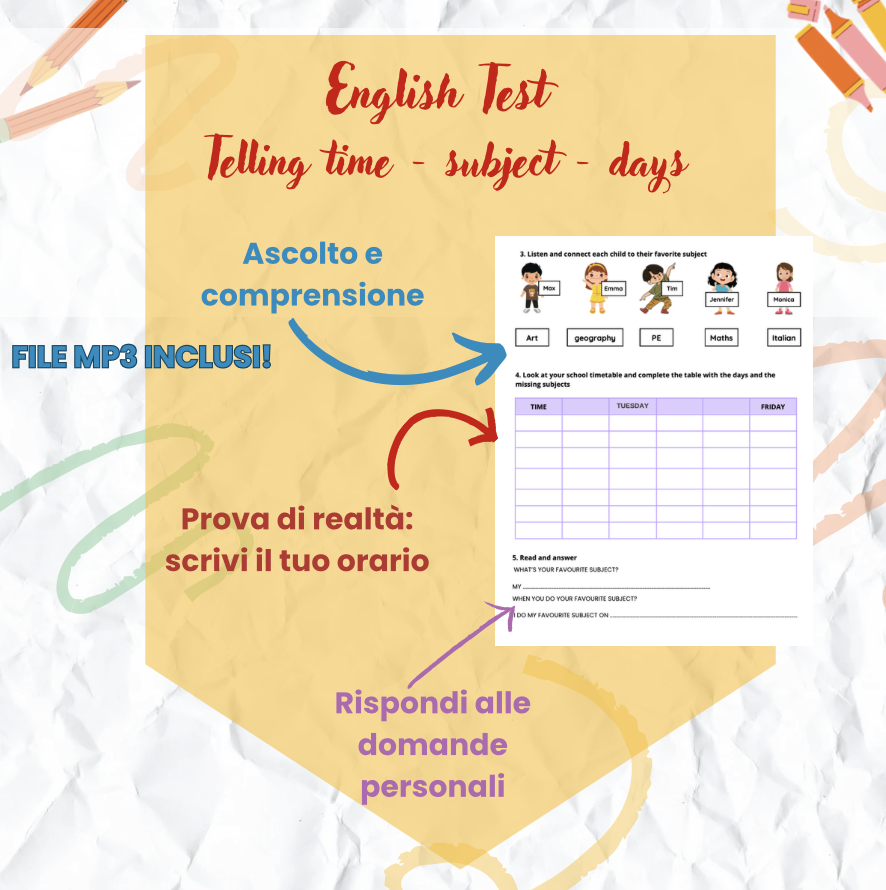 English Test – Classe quarta-quinta (orologio-giorni-materie) [time/clock-days of the week-subject)